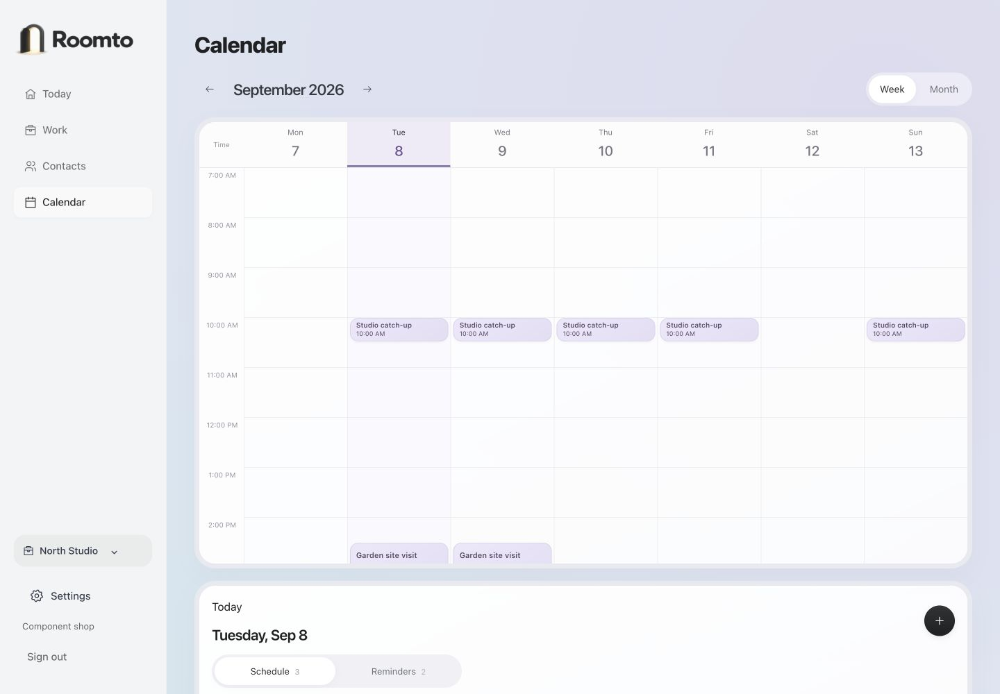 Actual Roomto weekly calendar displaying sample studio meetings and site visits.