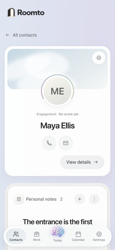 Actual Roomto contact page in a mobile browser, showing Maya Ellis and her personal notes.