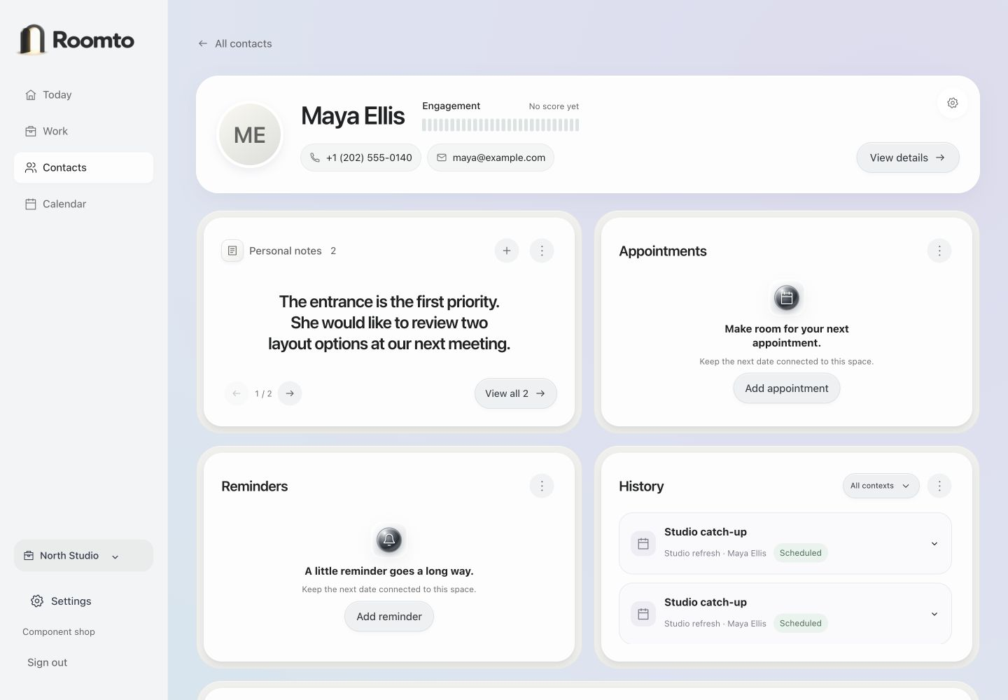 Actual Roomto contact page for demo contact Maya Ellis, with personal notes and history.