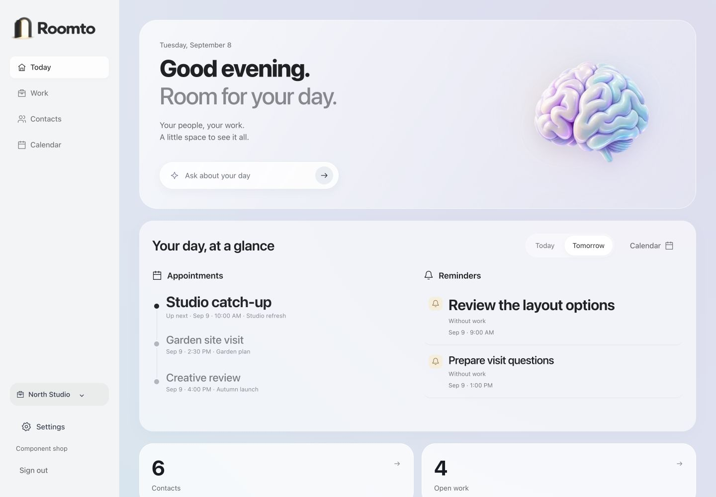 Actual Roomto Today screen showing appointments and reminders for tomorrow.