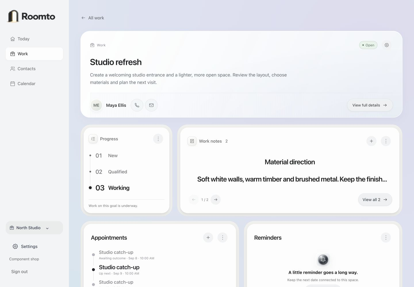Actual Roomto Studio refresh work page with Working stage, notes and appointments.
